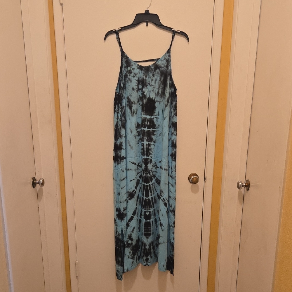 Black and Ski Blue Tie Dye Maxi Dress, with Speghetti Straps.